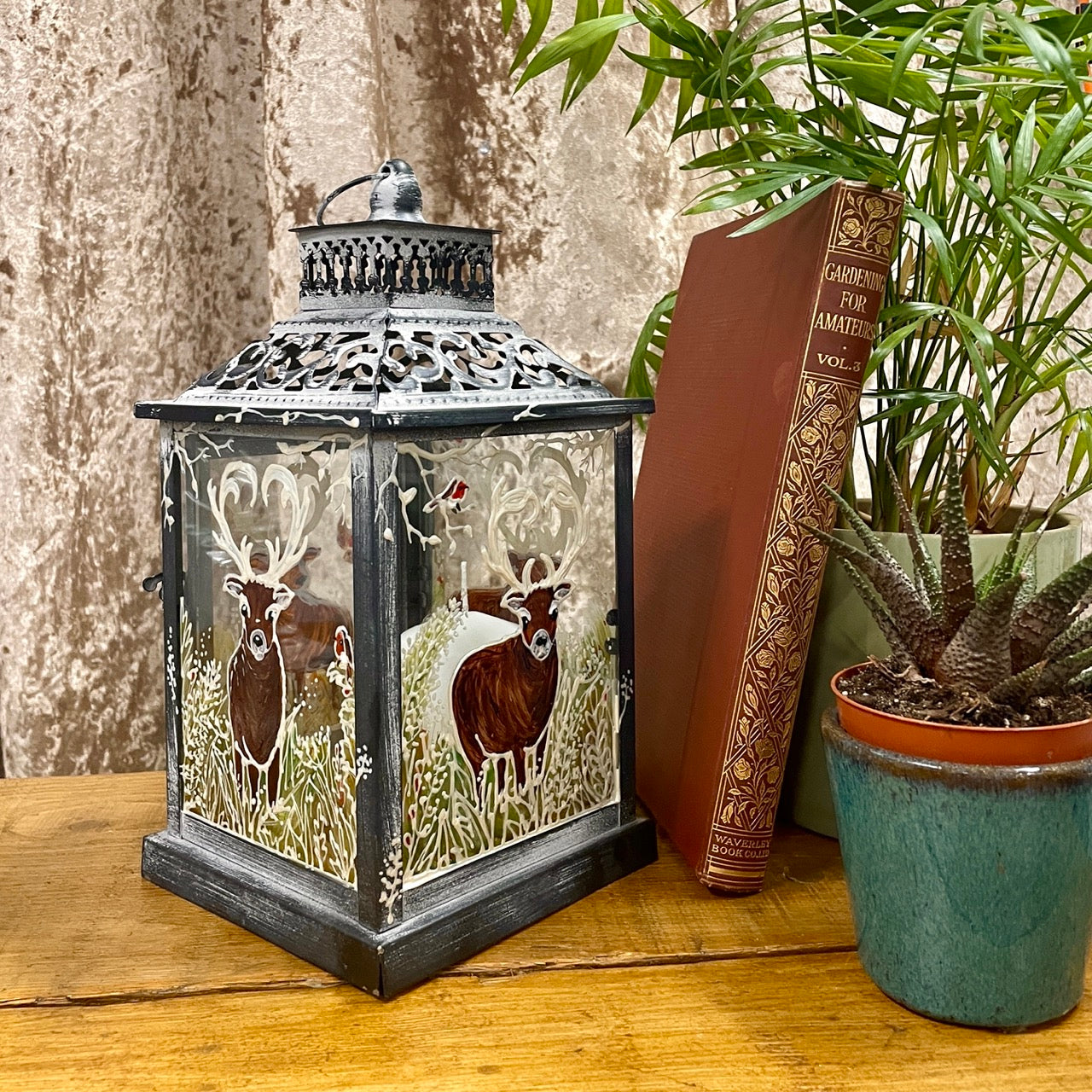 Frosted stag~ One of a kind lantern