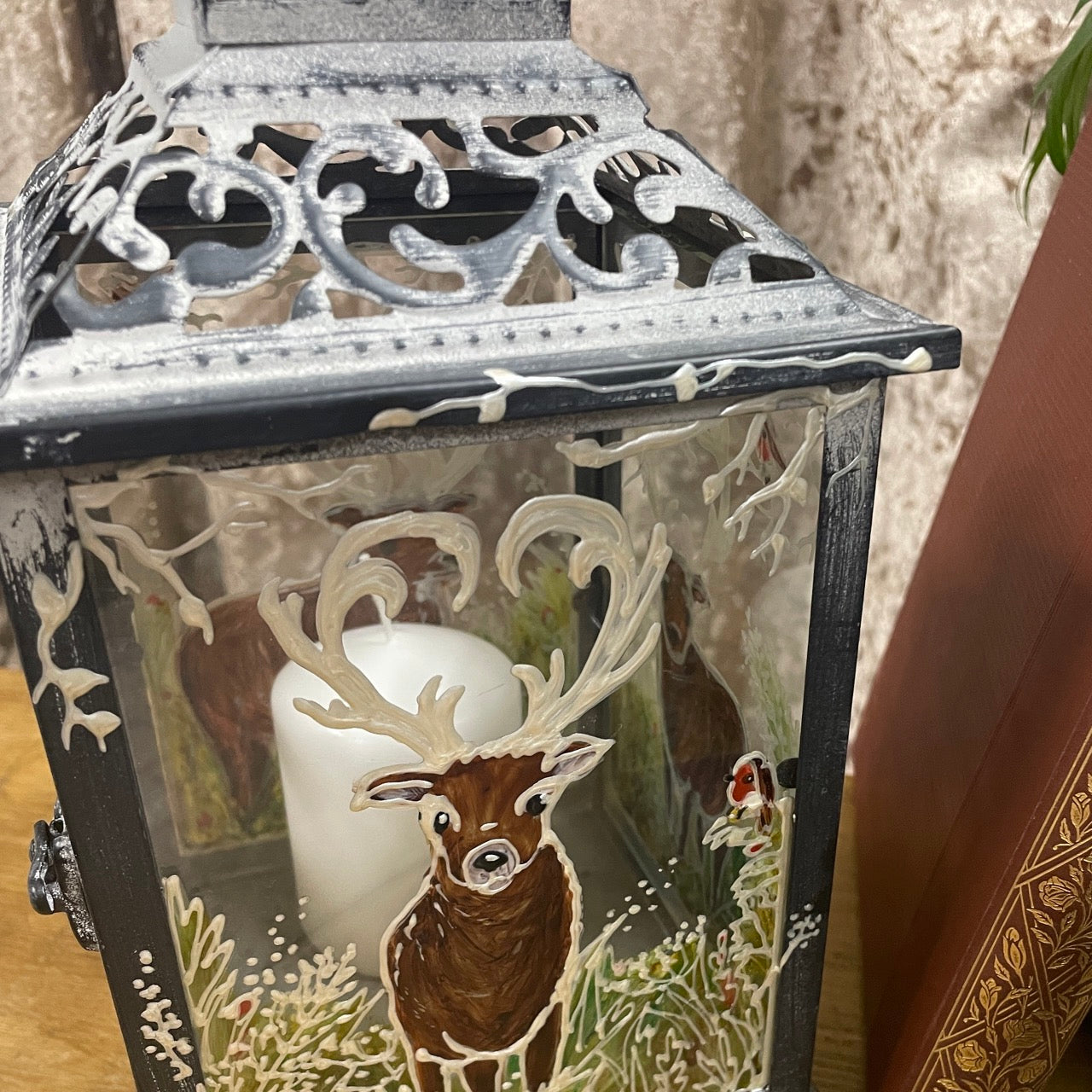 Frosted stag~ One of a kind lantern