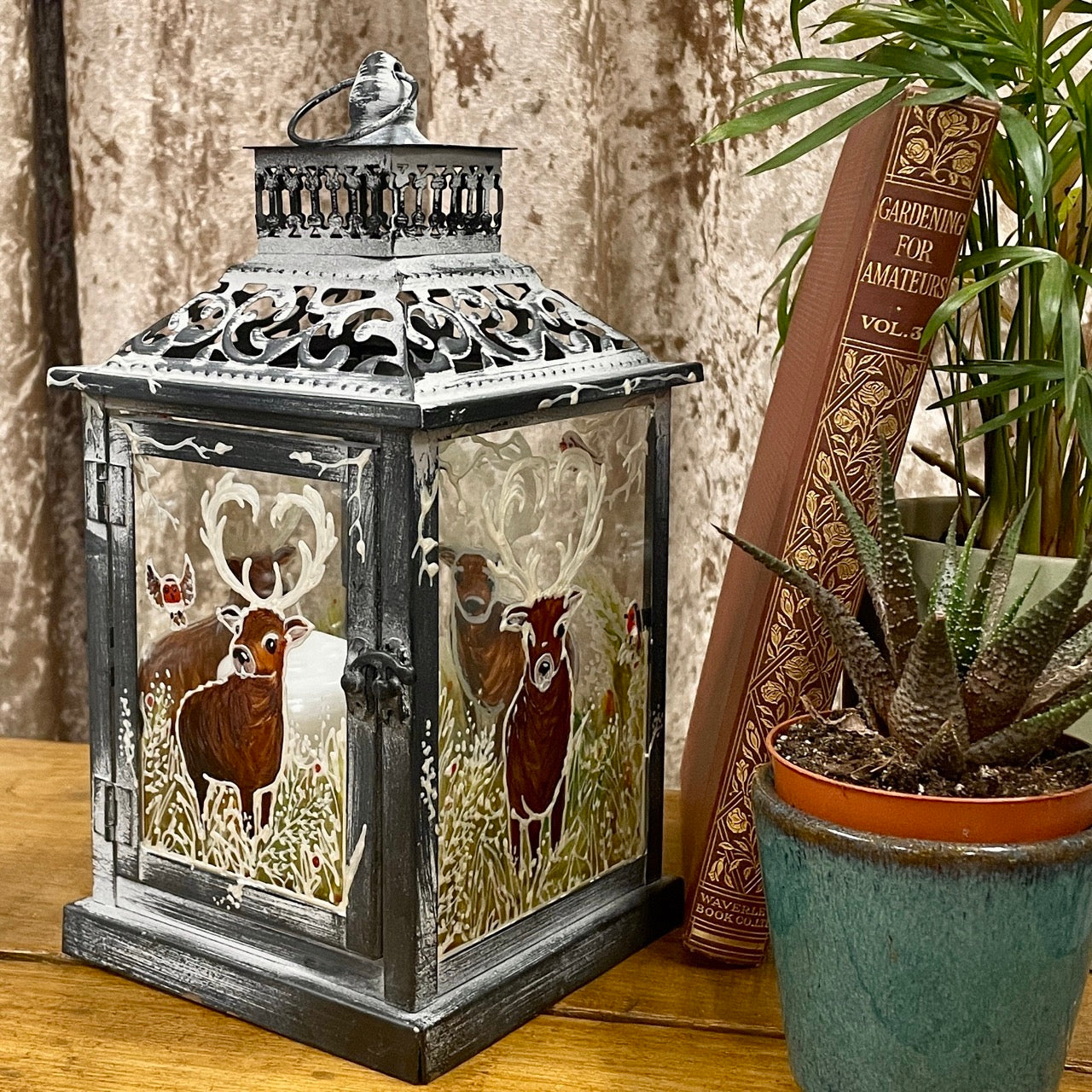 Frosted stag~ One of a kind lantern