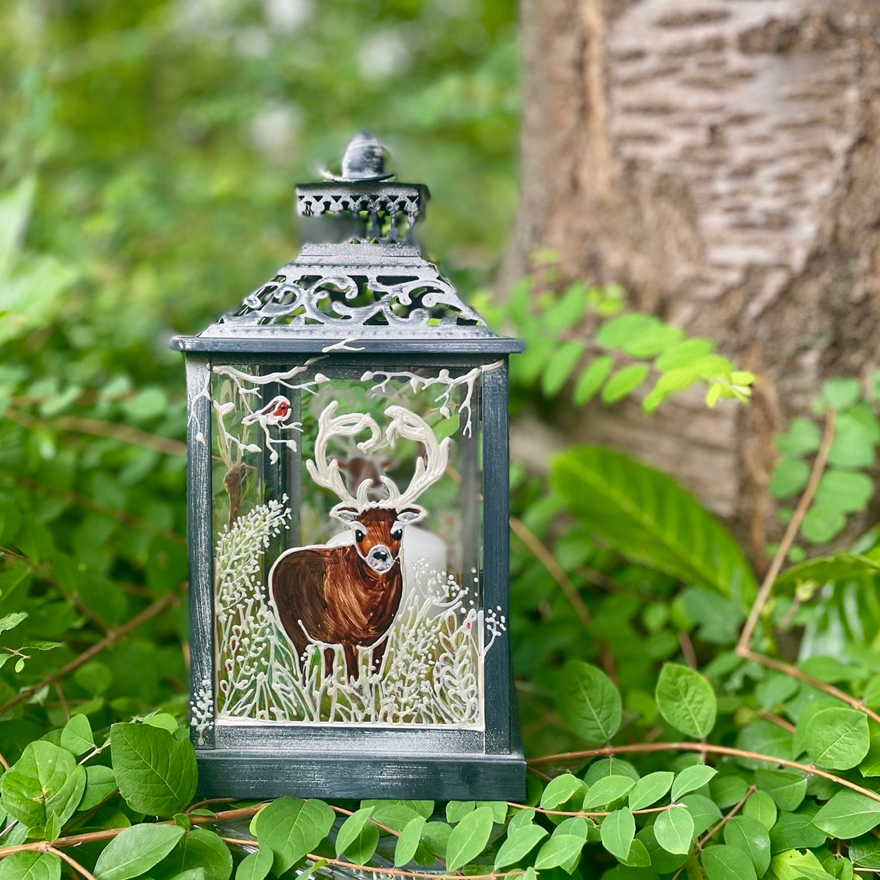 Frosted stag~ One of a kind lantern
