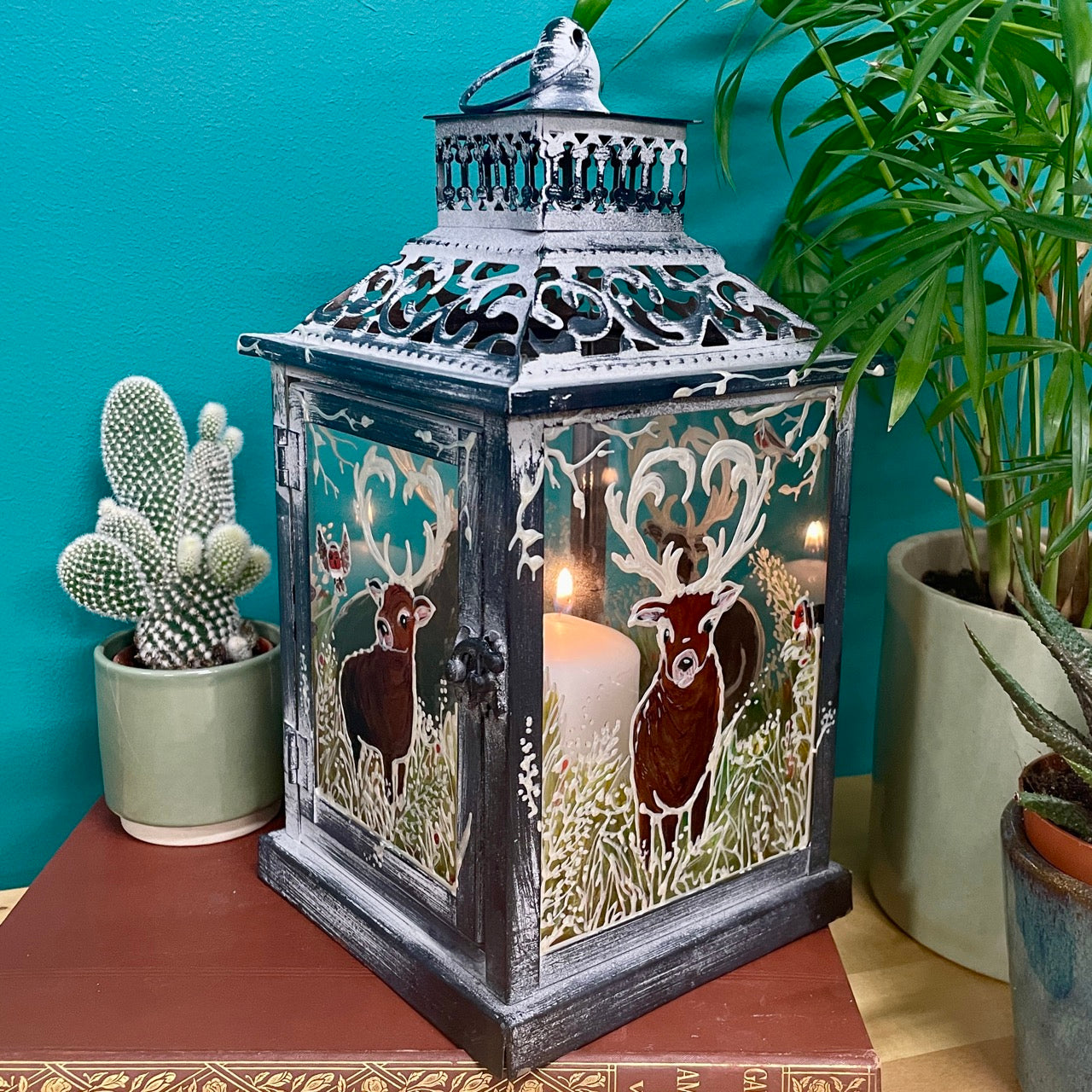 Frosted stag~ One of a kind lantern