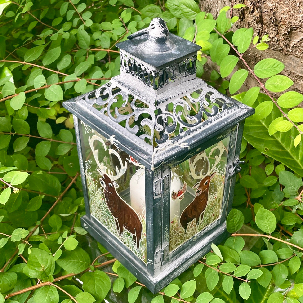 Frosted stag~ One of a kind lantern