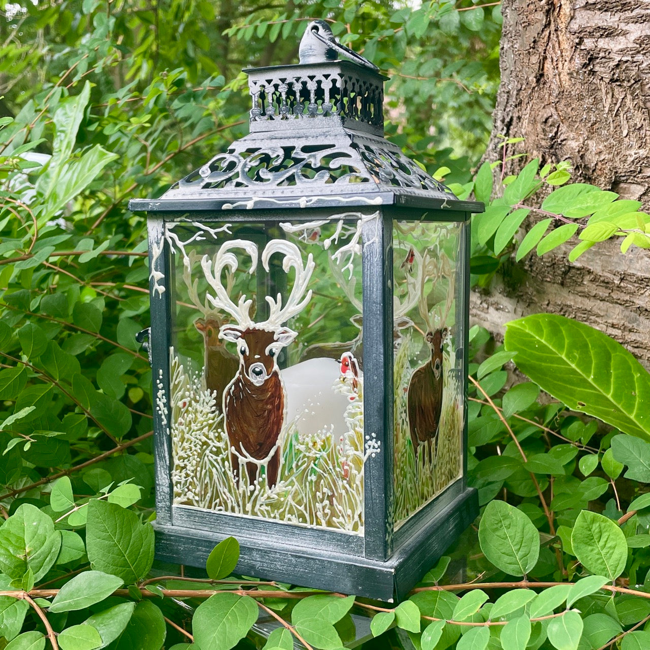 Frosted stag~ One of a kind lantern