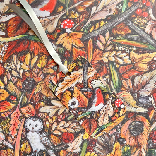 Autumntime gift wrap &  Robin tag