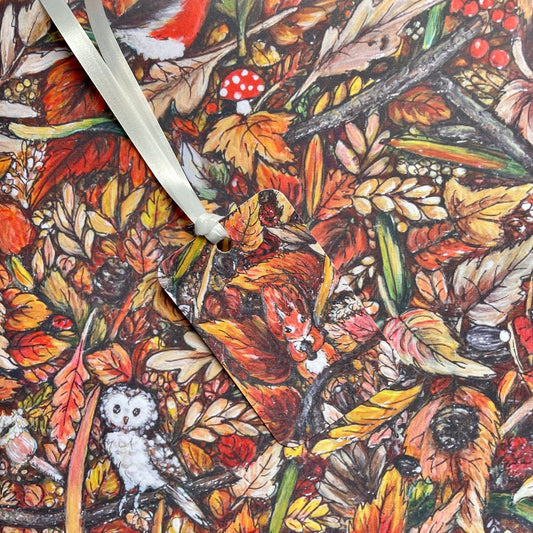 Autumntime gift wrap & Squirrel tag