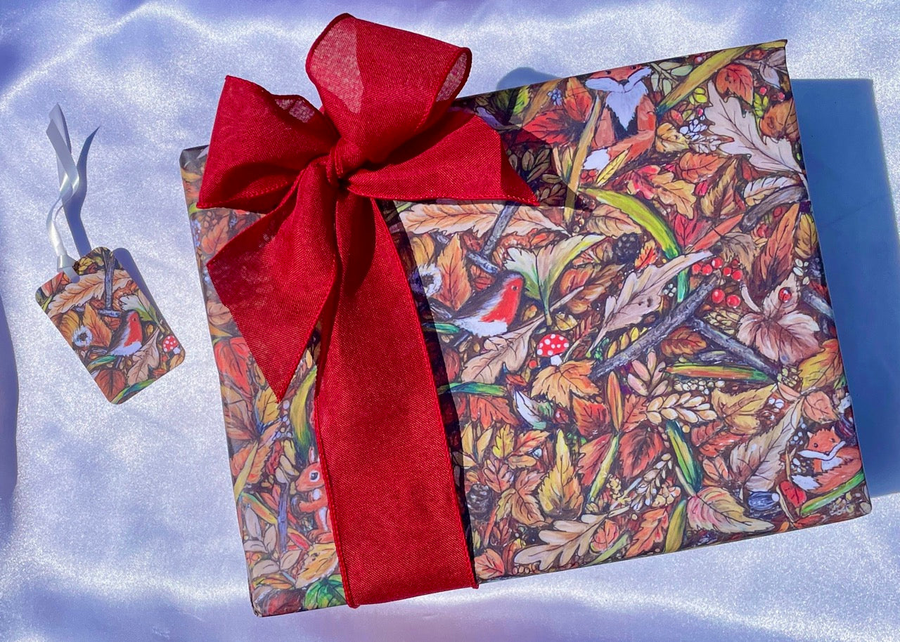Autumntime gift wrap &  Robin tag