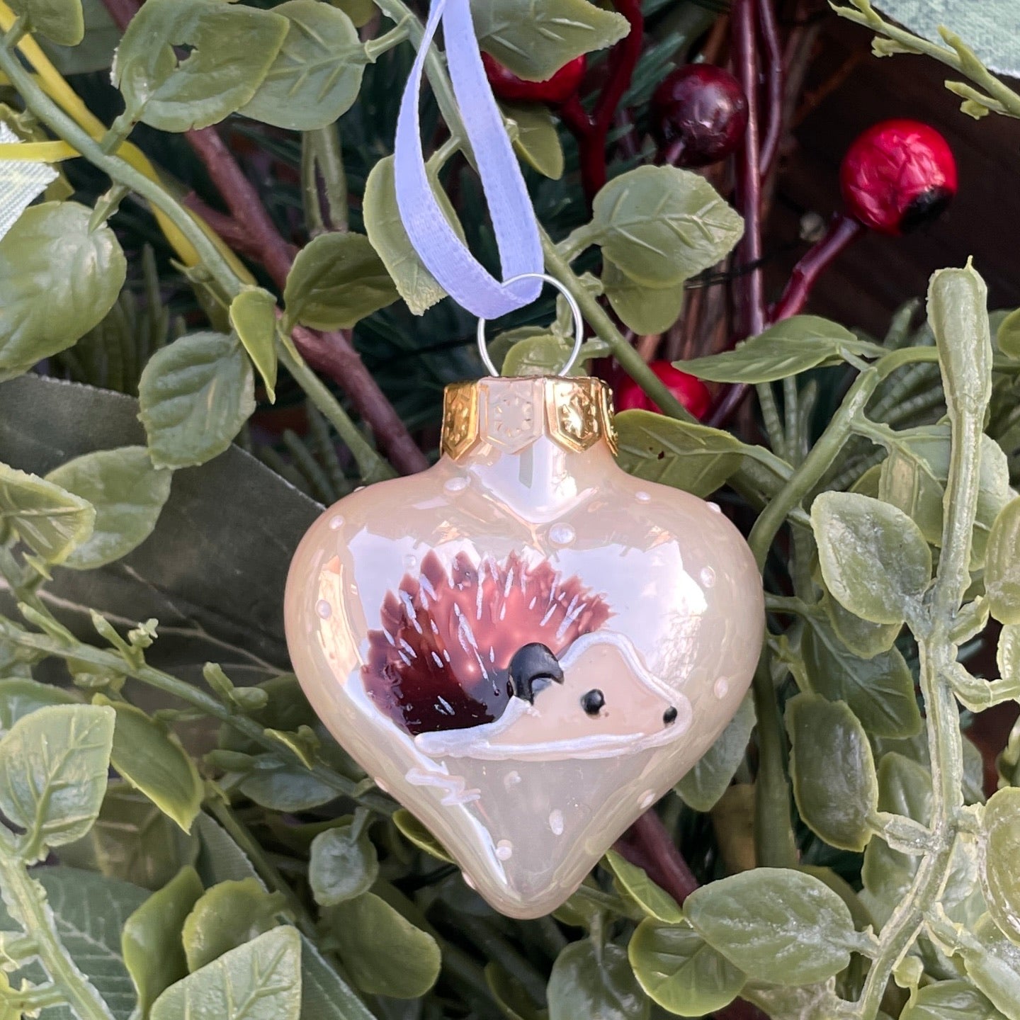 Hedgehog~ Shiny heart glass bauble