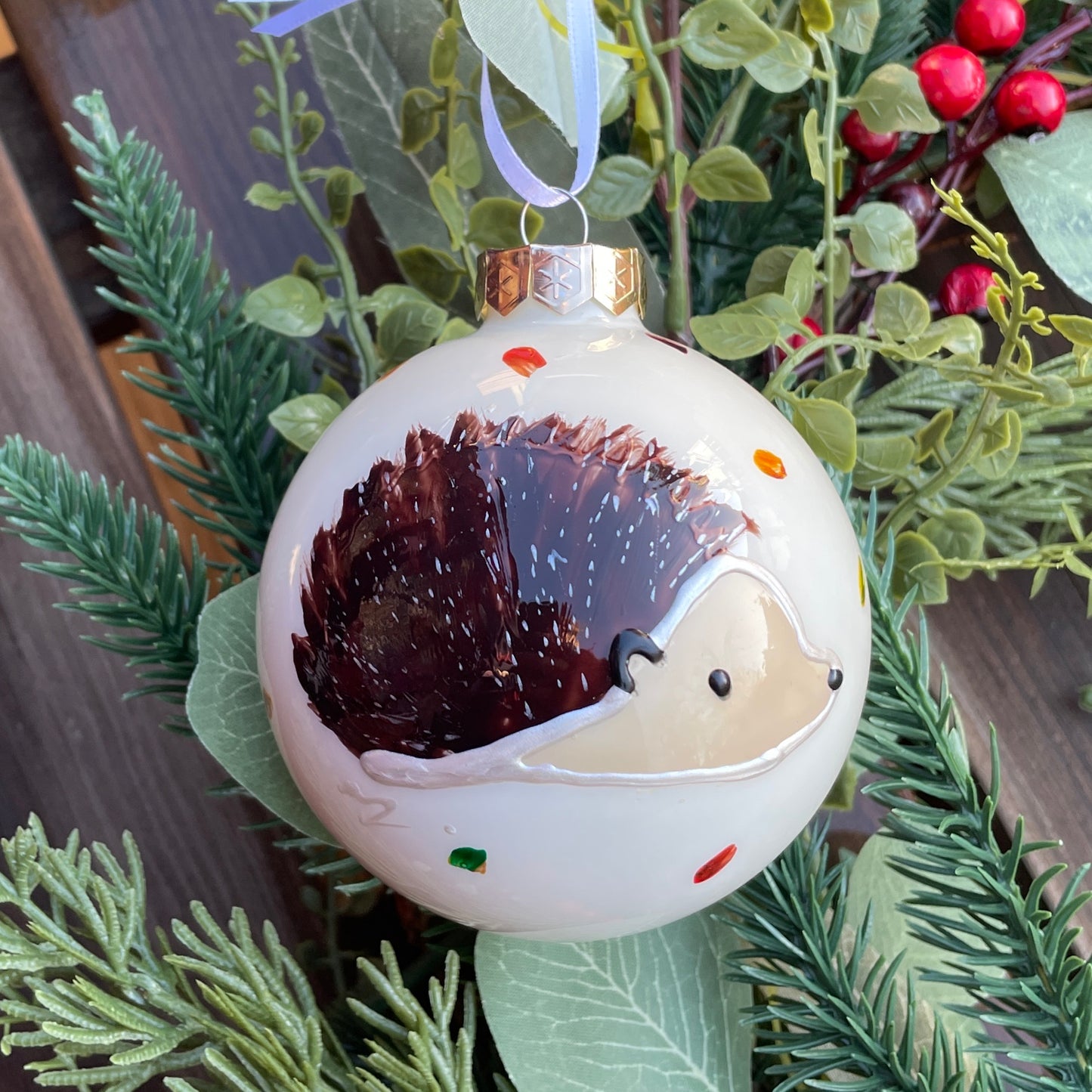 Hedgehog in autumn~ Large shiny glass bauble
