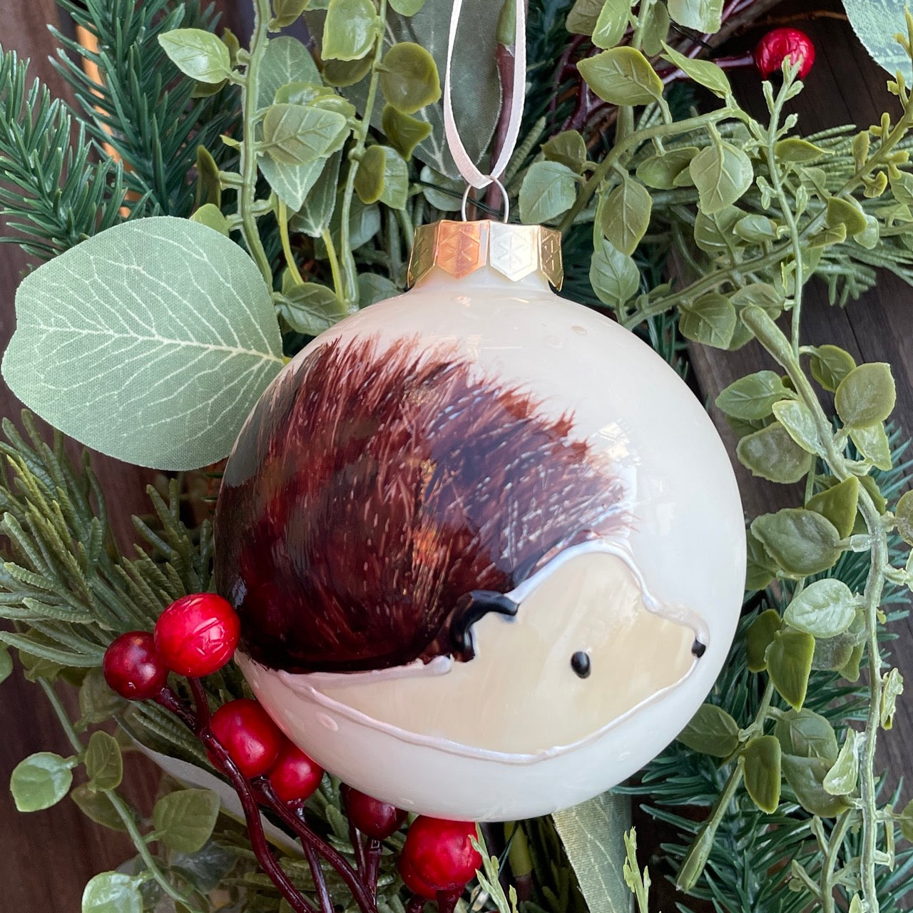 Hegdehog in snow~ Large shiny glass bauble