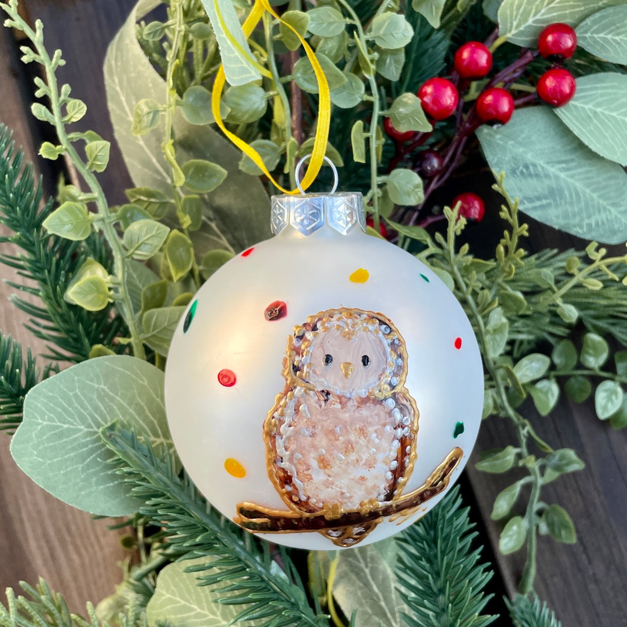 Owl in autumn~ Matt large glass bauble