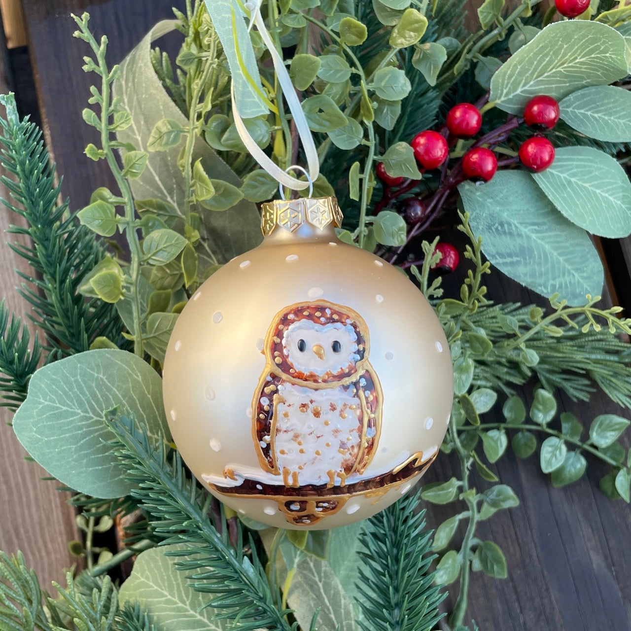 Owl in snow~ Matt large glass bauble