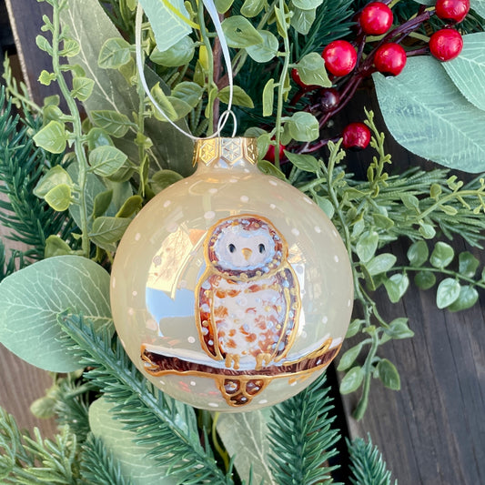 Owl in snow~ Shiny large glass bauble