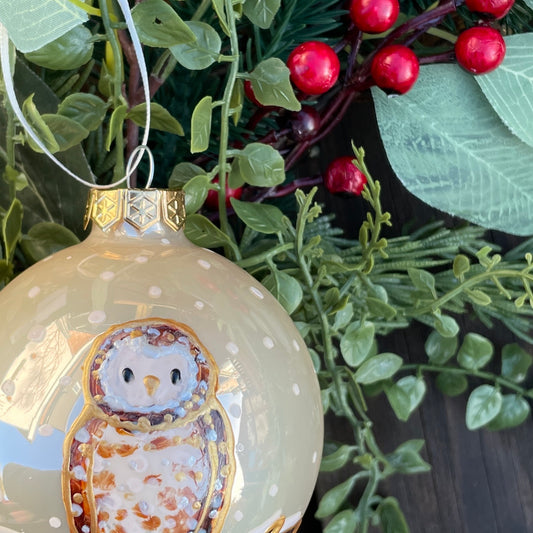 Owl in snow~ Shiny large glass bauble