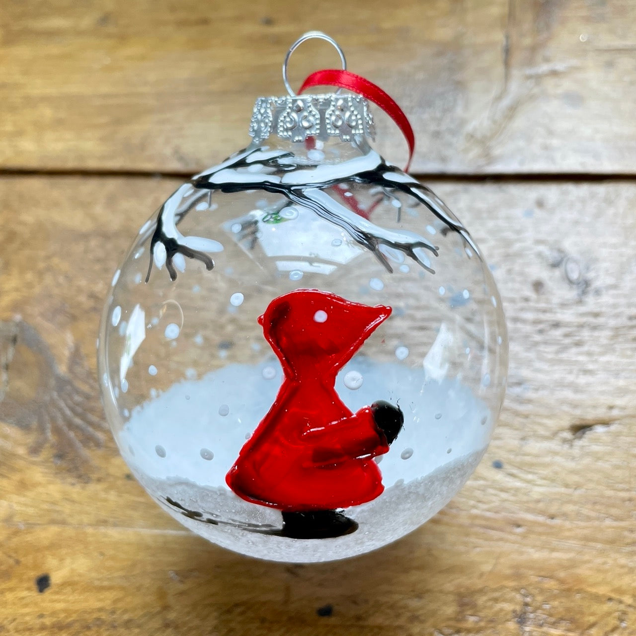 Redhood in snow~ Large glass bauble