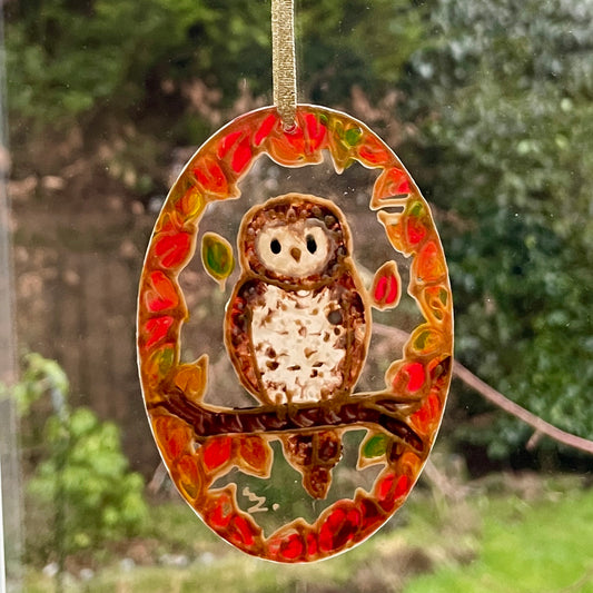 Owl in autumn~ Oval suncatcher
