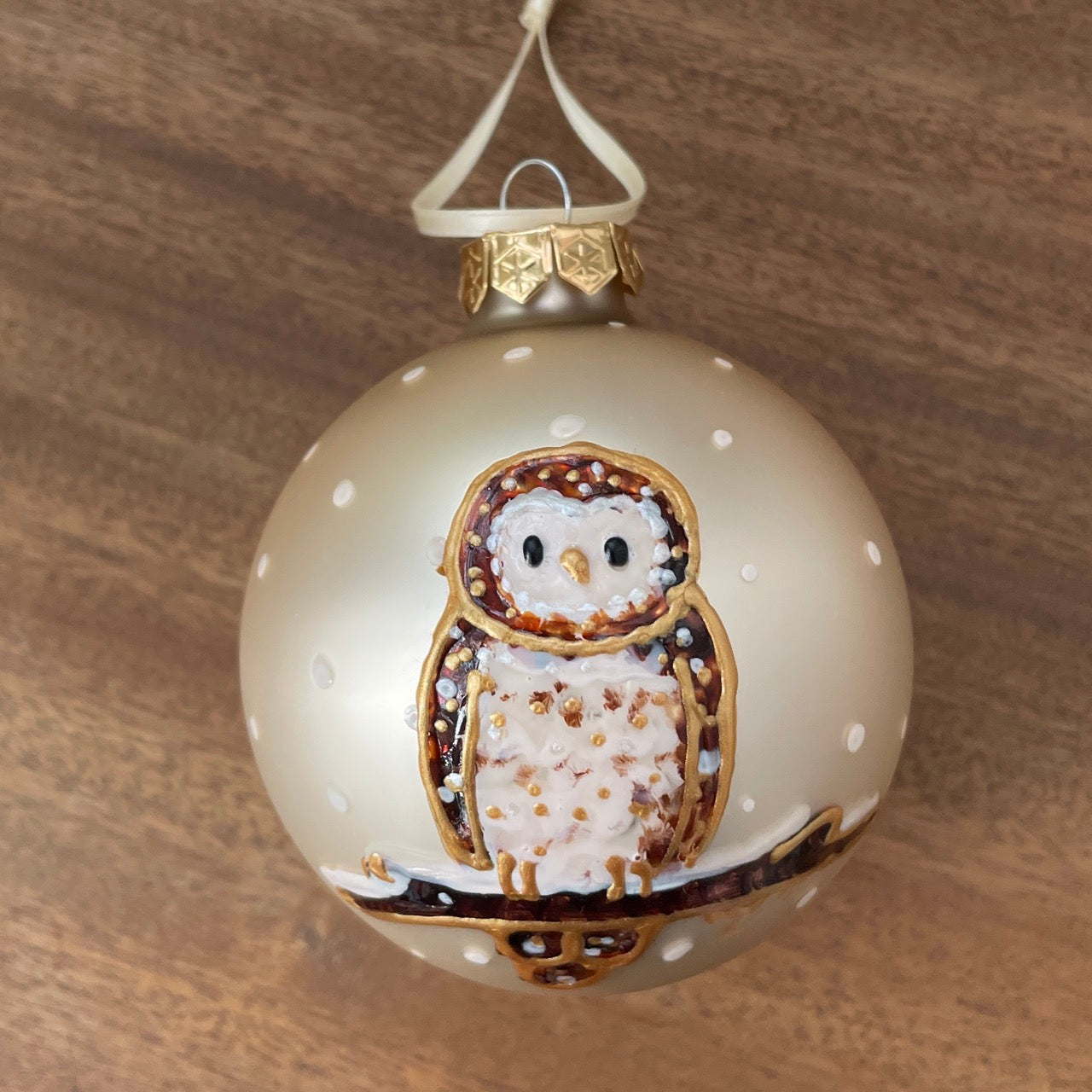 Owl in snow~ Matt large glass bauble