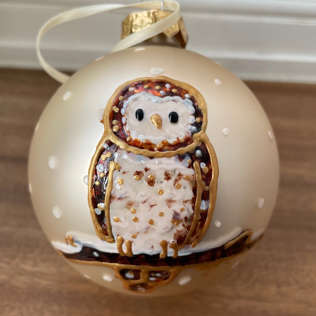 Owl in snow~ Matt large glass bauble