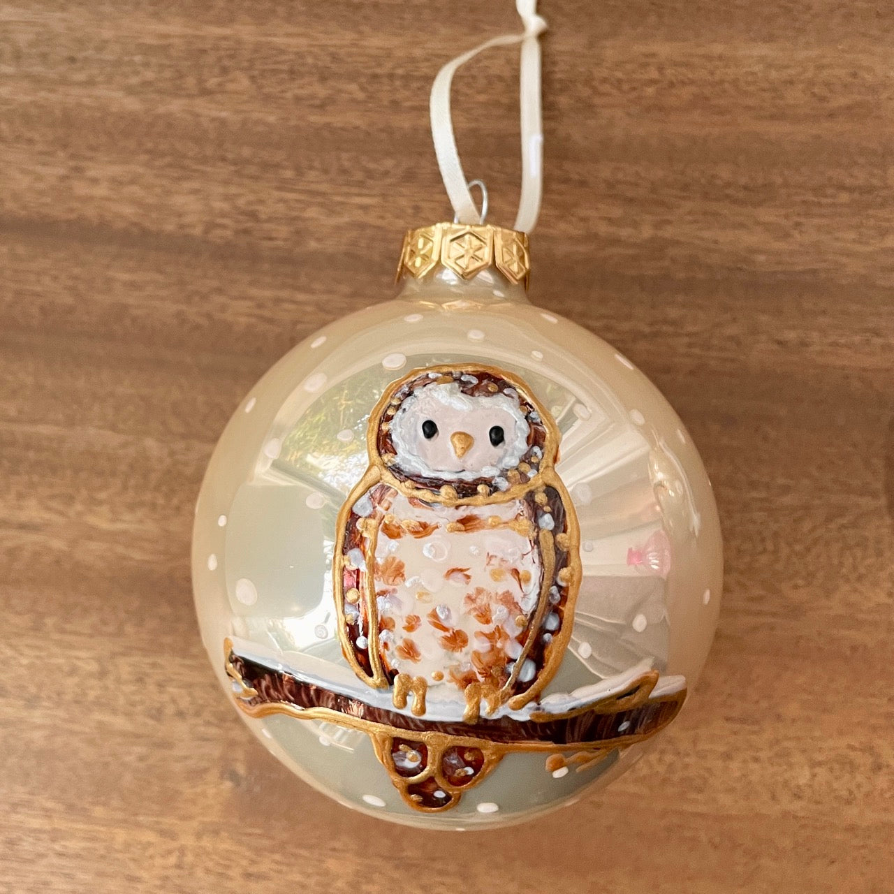 Owl in snow~ Shiny large glass bauble