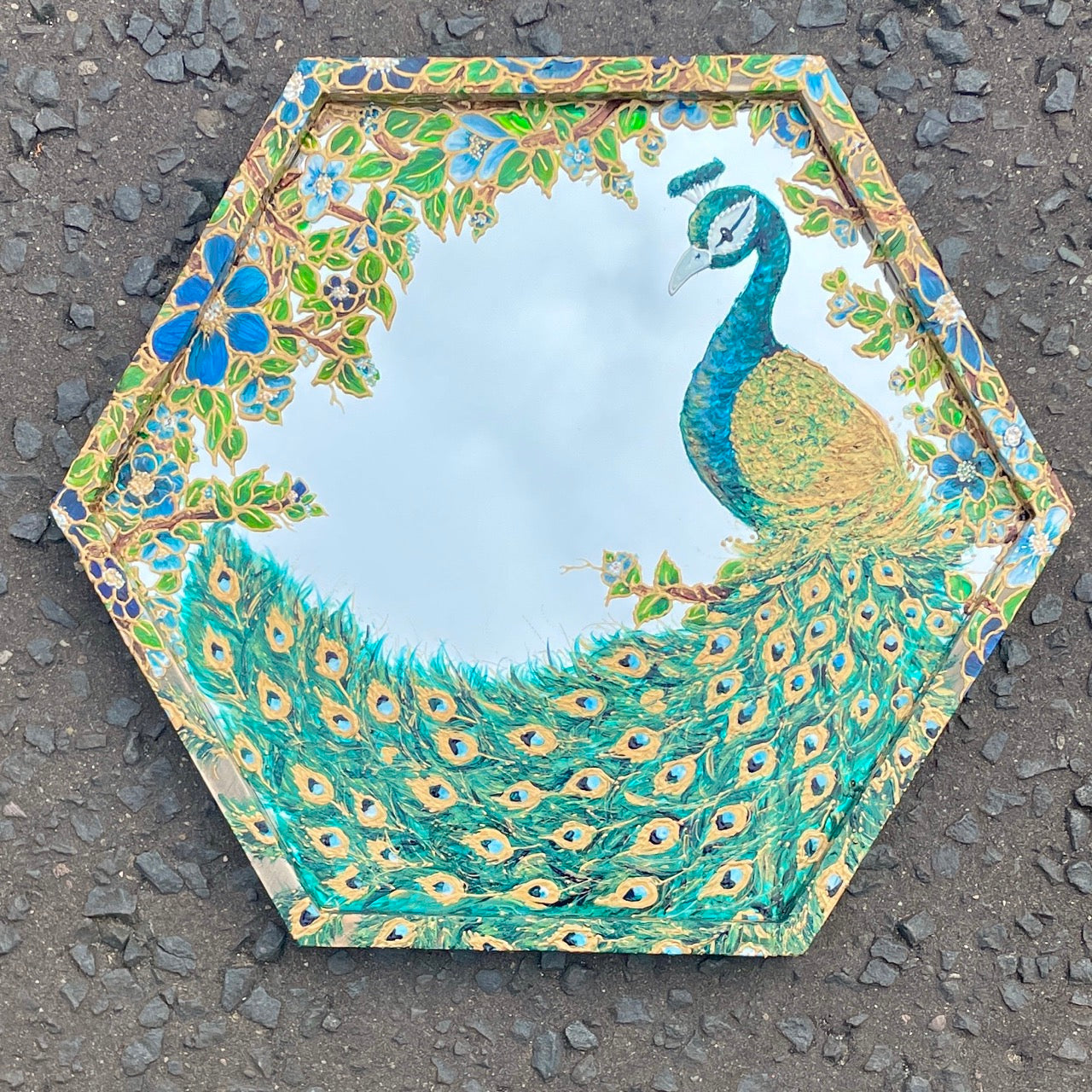 Peacock~ One of a kind hexagon mirror