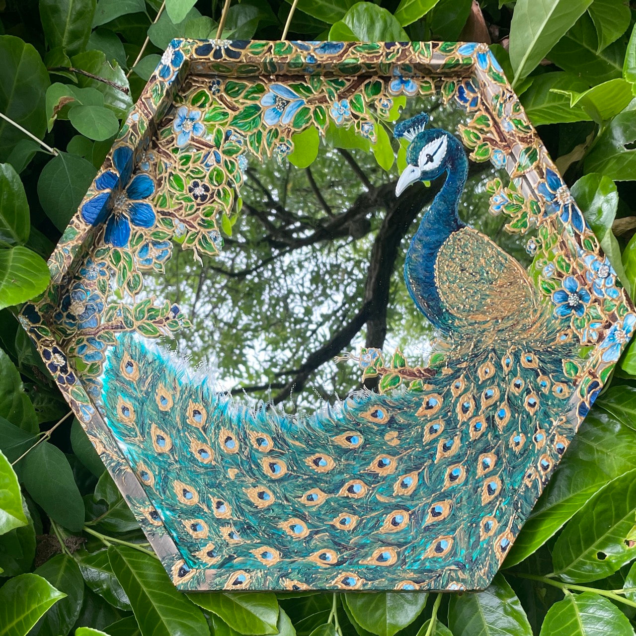 Peacock~ One of a kind hexagon mirror