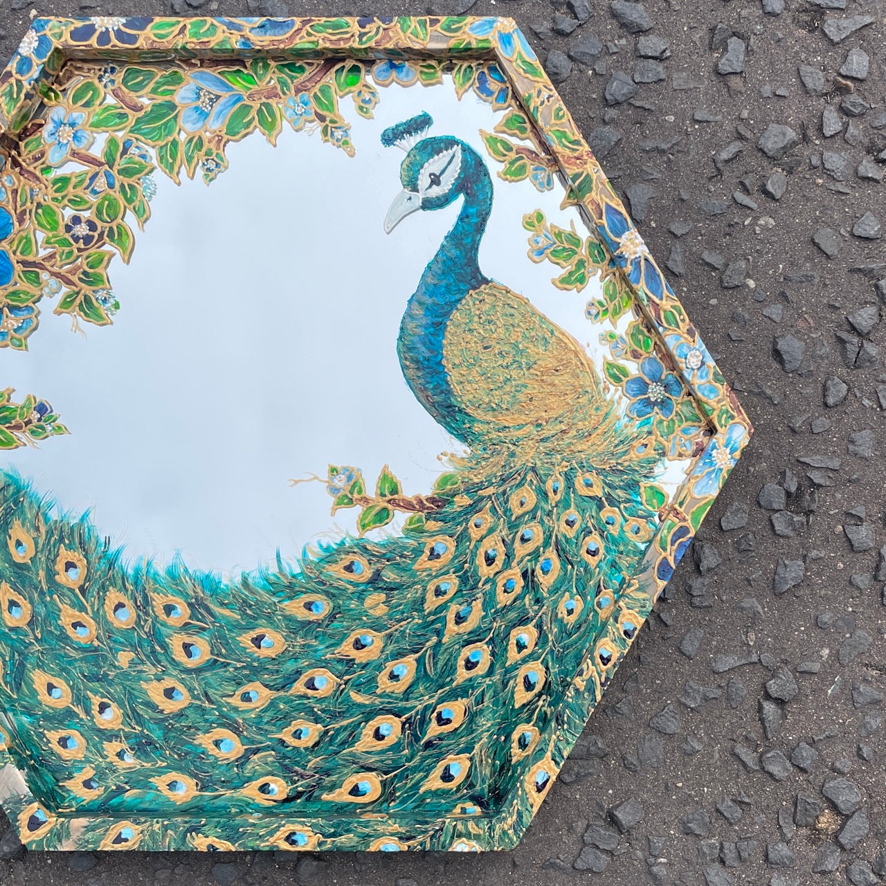Peacock~ One of a kind hexagon mirror