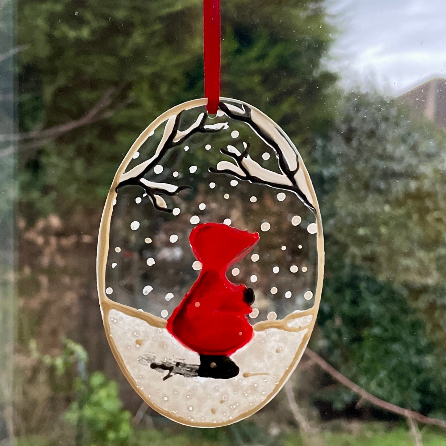 Redhood in snow~ Oval suncatcher
