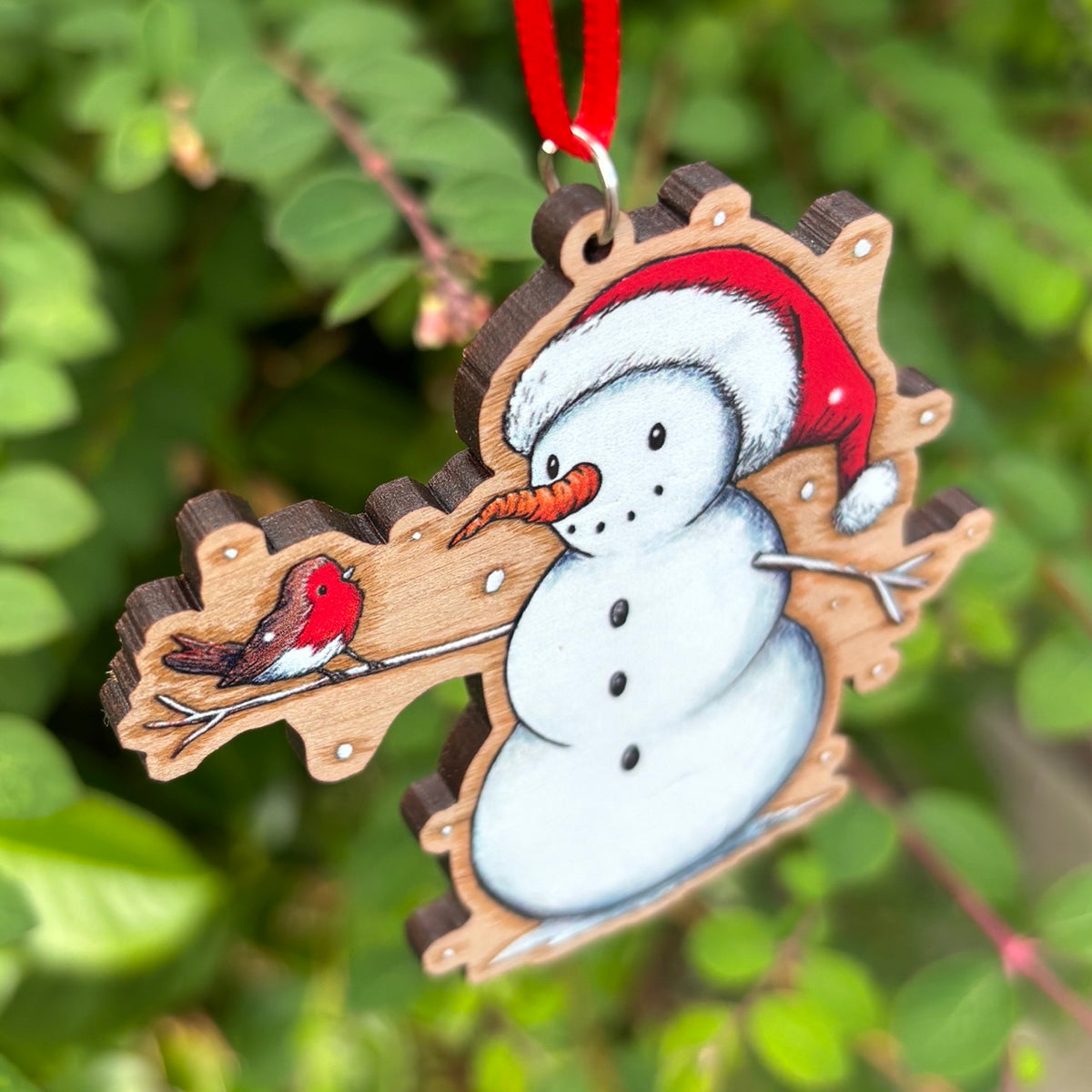 Snow Santa & Robin Wooden Decoration