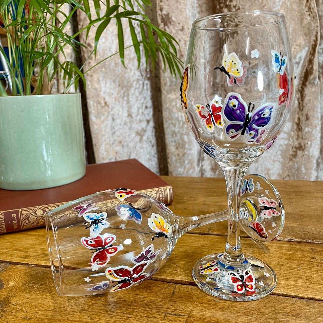 Rainbow butterflies~ Wine glass